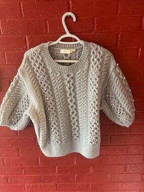 ASTR Light Blue/Gray Pearl-Embellished Cable Knit Scoop Neck Sweater